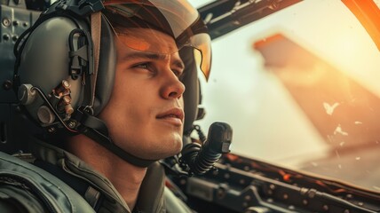 Pilot in cockpit wearing helmet, focused gaze, at sunset - obrazy, fototapety, plakaty