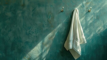 White towel hanging on hook against textured teal wall - obrazy, fototapety, plakaty