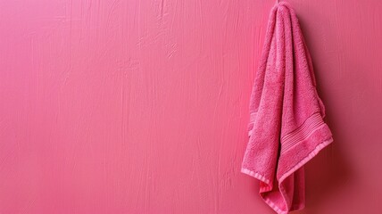 Pink towel hanging on textured pink wall