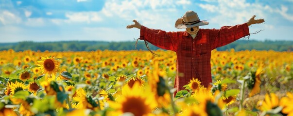 Colorful and charming shot of a homemade scarecrow standing amongst blooming sunflowers