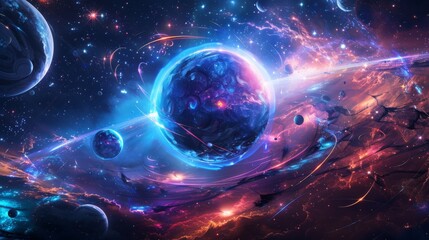 Obraz premium A vibrant depiction of a swirling blue planet amidst a dynamic galaxy backdrop
