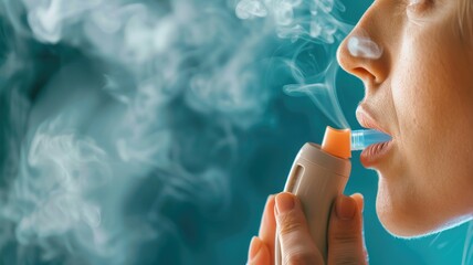Person using asthma inhaler, exhaling vapor against blue background - obrazy, fototapety, plakaty