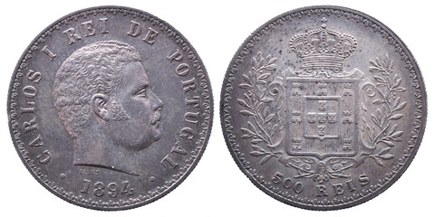 Portuguese silver coin from the reign of Carlos I. On the obverse the portrait of the king and the...