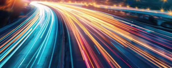 A vibrant long-exposure shot capturing the dynamic light trails of vehicles on a busy highway at dusk or dawn