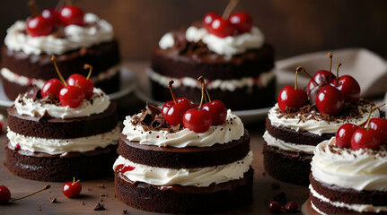 A collection of black forest cakes isolated a German dessert made with chocolate cake, whipped cream, and cherries, decorated with chocolate shavings and maraschino cherries. perfect for any occasion, - obrazy, fototapety, plakaty