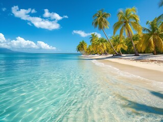 A beautiful beach with palm trees and a clear blue ocean. Scene is peaceful and relaxing