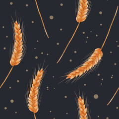 Watercolor ear of ripe wheat. Botanical seamless pattern with grain. An ear of grain, wheat, barley and dots on a dark blue background. Design for packaging of baked goods, cereals, fabric and paper.