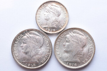 set of Portuguese silver 10 and 20 cents coins with the bust of the republic and different years