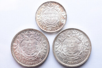 set of Portuguese 10 and 20 cent silver coins from the first republic in Portugal