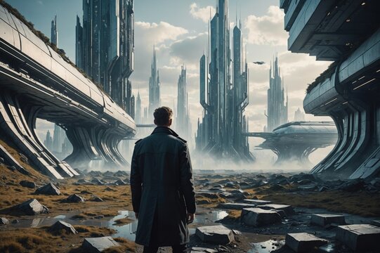 People in abstract futuristic dystopic landscape