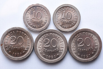 set of Portuguese 10 and 20 cent nickel coins from various years of the first republic in Portugal