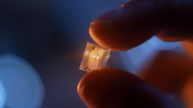 Fingers of a man holding a glowing transparent chip implant under wet photography on a dark blue background - Powered by Adobe