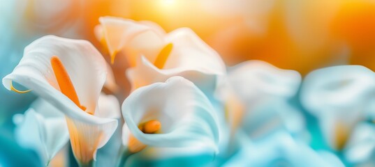 Dreamy white Calla flowers with a blurry yellow background, White calla lilies and a dreamy yellow background, AI generated