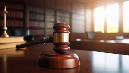 A-wooden-gavel-on-a-wooden-table-in-a-courtroom- - obrazy, fototapety, plakaty