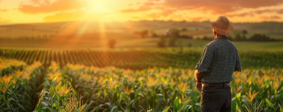 Warm golden hour image of a farmer reading a paper in a cornfield, conveying rural life and agriculture.