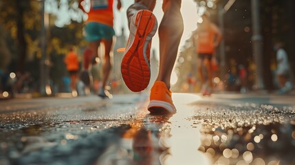 Close-up of the legs of a marathon runner in red sneakers against the backdrop of a city street in rainy weather - obrazy, fototapety, plakaty