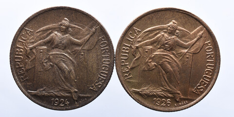 set of two Portuguese 50 cents coins in aluminum bronze with the portrait of the republic and the...