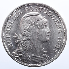 Portuguese 50 cent alpaca coin. On the obverse the bust of the republic and the year 1927