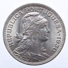 Portuguese 50 cent alpaca coin. On the obverse the bust of the republic and the year 1930