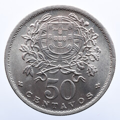 Reverse of the Portuguese 50 cents coin in alpaca. Arms of Kingdom