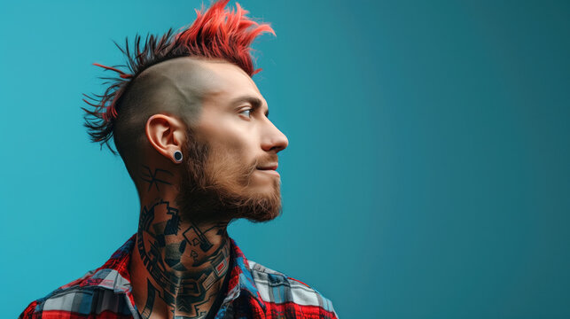 Modern rebel man with mohawk and tattoos on blue background.