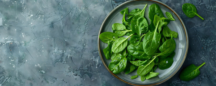 Green spinash in ceramic plate top view Healthy food concept.  generative ai