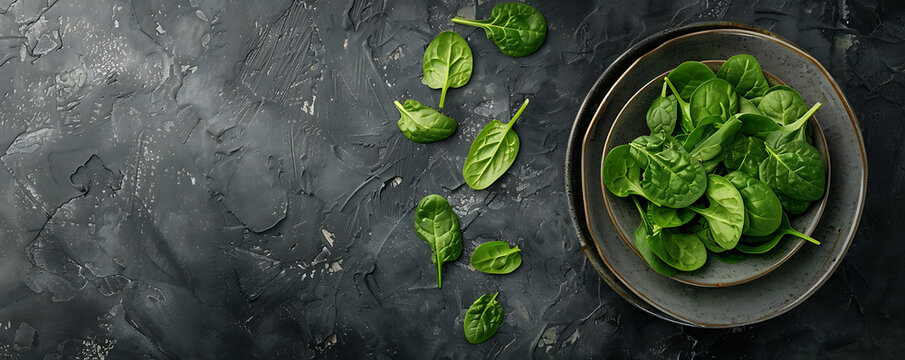 Green spinash in ceramic plate top view Healthy food concept.  generative ai