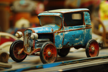 Vintage blue retro toy car with rustic charm and aged patina.