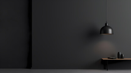 Black wall background with a hanging light bulb