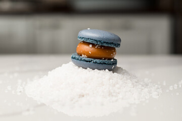 Focus on a blue macaroon with chocolate cream lying on a pile of coconut