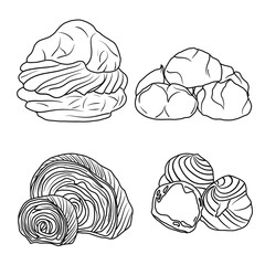 Vector illustration Set of Pastry Food hand drawn sketch, various pastry line art, Containing Beignet, Rugelach, Profiterole, Mille-feuille isolated on white, For kids coloring book.