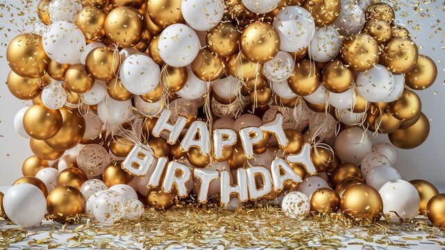  Happy Birthday.  Image with gold and white balloons and confetti 3d