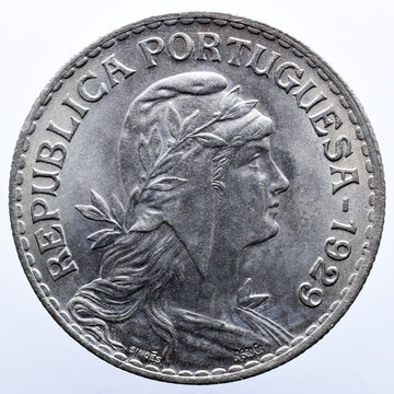 Obverse of Portuguese coin in alpaca with the figure of the republic and the year 1929