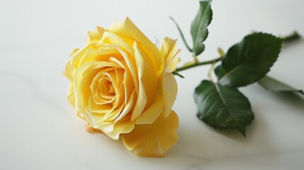 Radiant yellow rose blooming against a pristine white surface, symbolizing friendship and happiness.