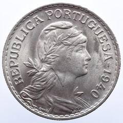 Obverse of Portuguese coin in alpaca with the figure of the republic and the year 1940