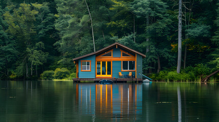 Obraz premium A tiny house, with a sparkling lake as the background, during a peaceful summer afternoon