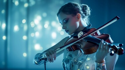 Fototapeta premium Elegance in Melody: Humanoid Violinist Against an Urban Backdrop. Generative ai