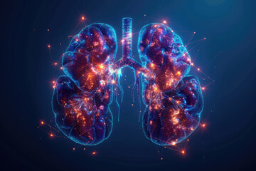 3D illustration of human lungs with glowing points - obrazy, fototapety, plakaty
