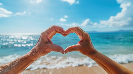 Senior couple make a heart shaped hand at the beach on a good day in sunny day morning. Plan life insurance of happy retirement concept.