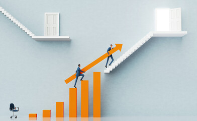 Business people walking up stair and caring big arrow. Business environment concept with stairs and opened door, representing career, advisory, growth, success, solution and achievement. 3D rendering