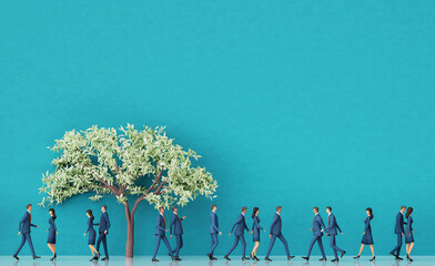 Successful business people walking by the big green tree, background with copy space