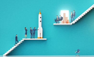 Business people  introducing a new startup idea to investors. Rocket as symbol of startup. Business environment concept with stairs and open door. 3D rendering - 790761501