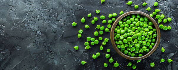 Simple green peas in a bowl healthy food with copy space for text background.