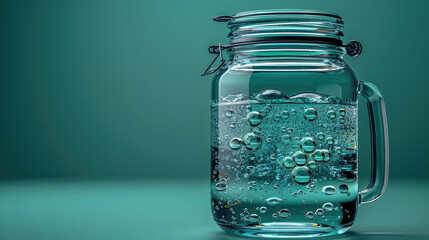 A glass jar filled with water and bubbles on a blue background.
