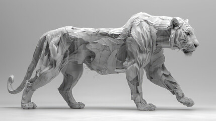 A grayscale image of a tiger made of stone walking towards the right.