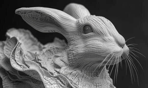 A detailed black and white photo of a rabbit with fur made of lace.