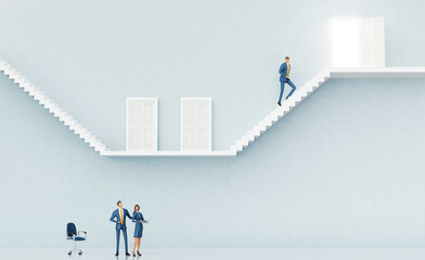 Businessman trying to find his way to success. Abstract business environment with stairs and doors. Success concept, 3D rendering