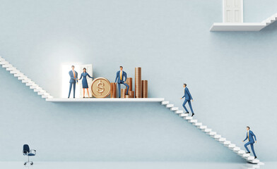 Successful banker, businessman stay next to golden collar and coin stacks in abstract business environment with stairs and open doors, 3D rendering  
