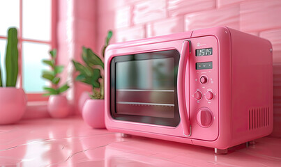 Obraz premium A pink retro-style microwave oven sits on a pink counter in a pink kitchen.