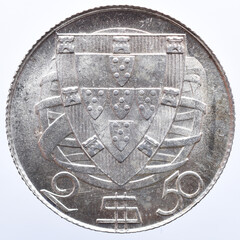 Portuguese silver coin worth 2$50 with the corner shield over the armillary sphere